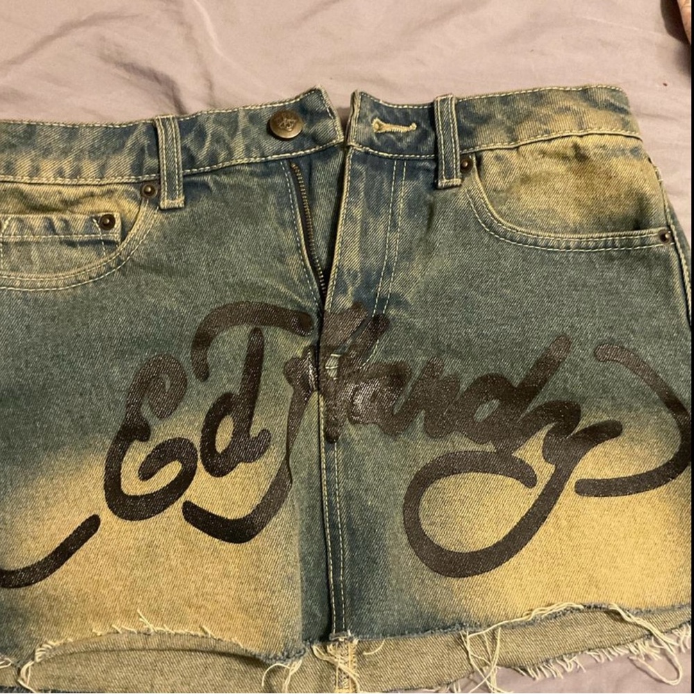 Ed Hardy Blue and Tan Denim Shorts with Black Script